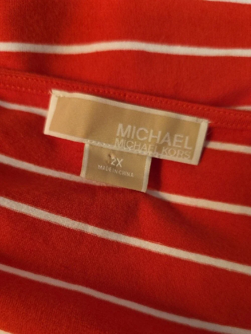 Michael Kors Orange and White Striped Short Sleeve Top w/ Gold Shoulder Accents